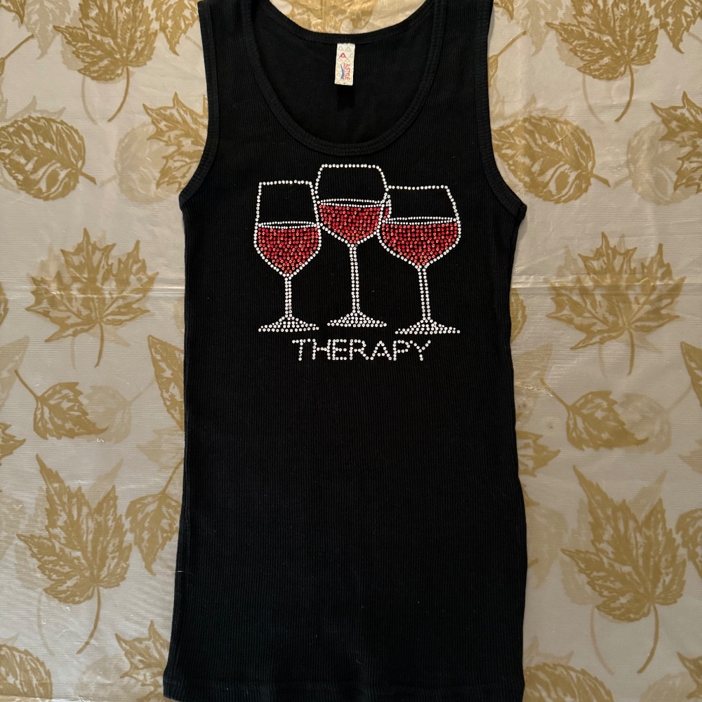 Rhinestone Wine Glass Therapy Shirt.  New without tags. Size S